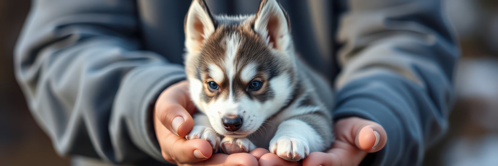 Cute husky puppy being held gently in hands during a warm outdoor setting in the afternoon sun